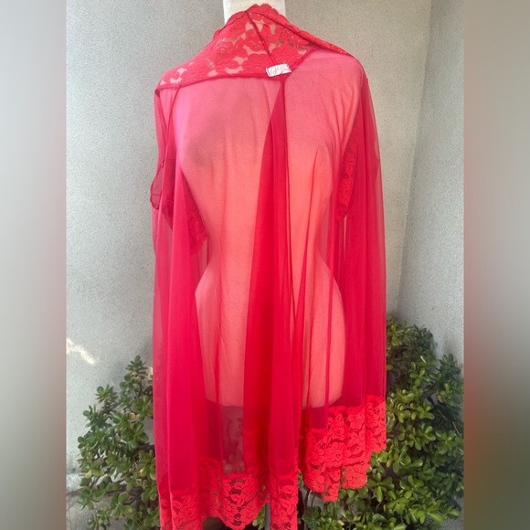 Vintage LeVoy’s red sheer robe lingerie lace heart buttons OS - Picture 7 of 13